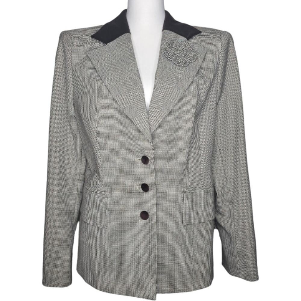 Escada Brown Wool Blend Houndstooth and Velvet Blazer Size EU 42